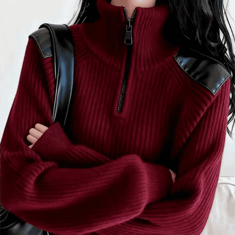 Damen-Strickpullover mit Reißverschluss und Stehkragen