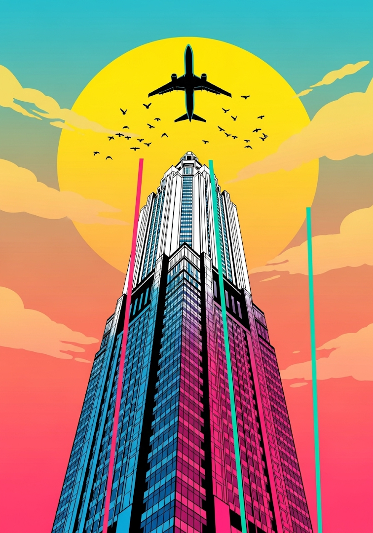 Vibrant Pop Art Skyscraper Airplane Retro Cityscape