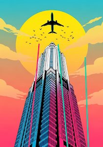 Vibrant Pop Art Skyscraper Airplane Retro Cityscape