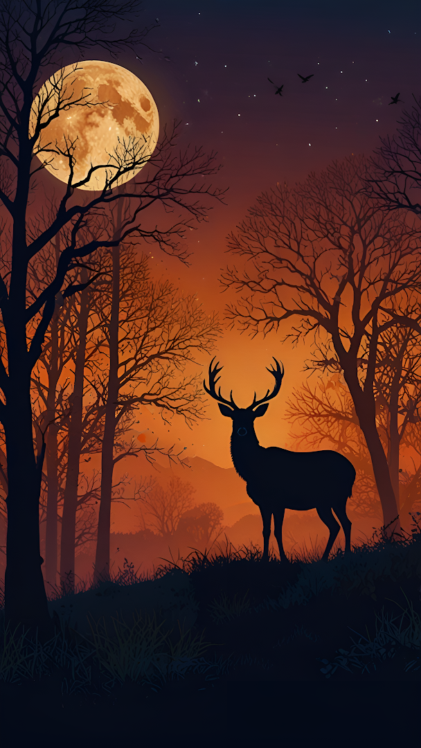 Silhouetted Stag Under Full Moon in Autumn Forest