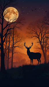 Silhouetted Stag Under Full Moon in Autumn Forest