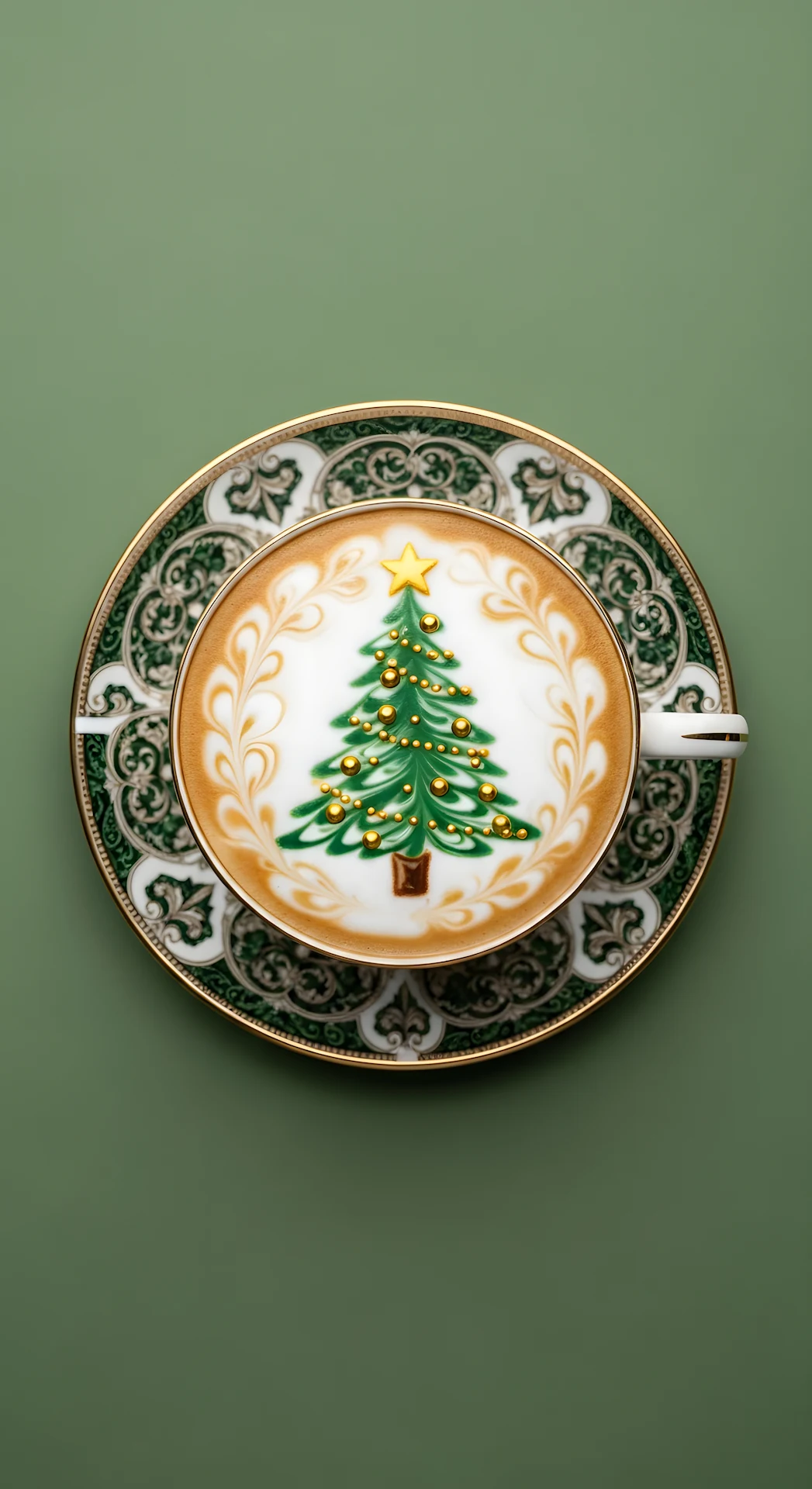 Festive Christmas Tree Latte Art Ornate Green Teacup - Free 4K mobile Wallpaper