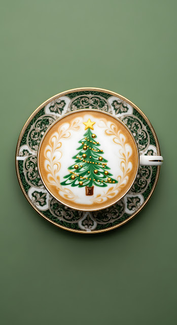 Festive Christmas Tree Latte Art Ornate Green Teacup - Free mobile Wallpaper