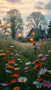 Cottage Wildflower Meadow Sunset Dragonfly