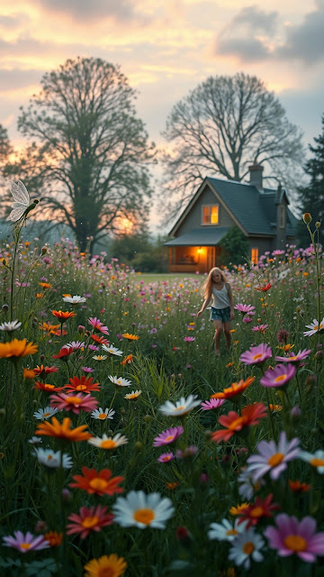 Cottage Wildflower Meadow Sunset Dragonfly - Free mobile Wallpaper