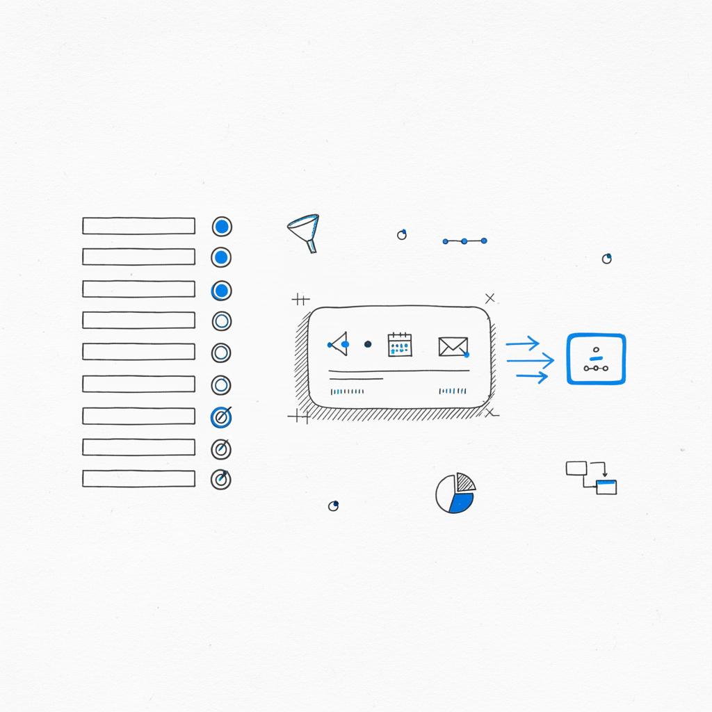 Hand-drawn 2D vector CRM dashboard sketch on a white notebook page showing a lead list with score badges, an expanded lead showing top signals and arrows indicating handoff &mdash; lead generation with AI