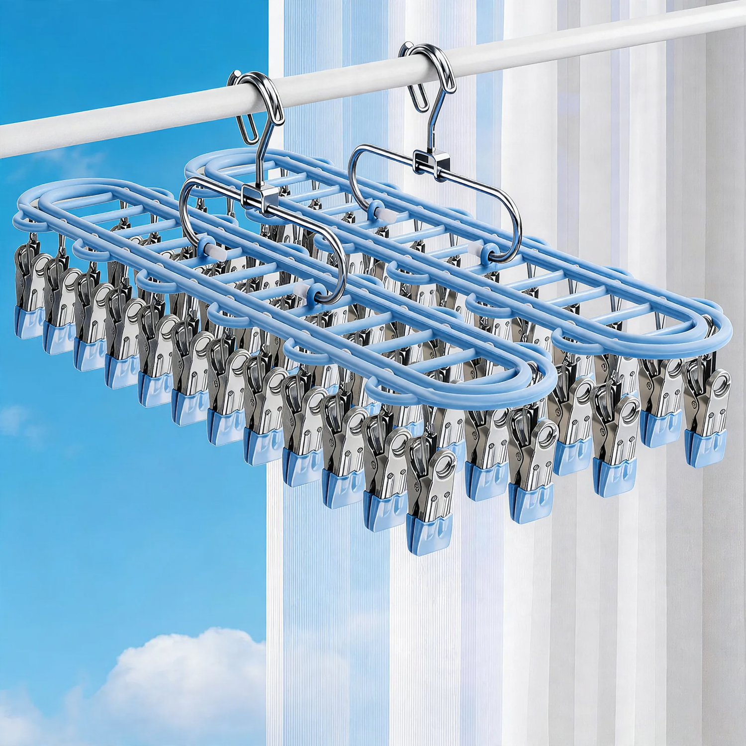 Stainless steel laundry rack with 24 clips