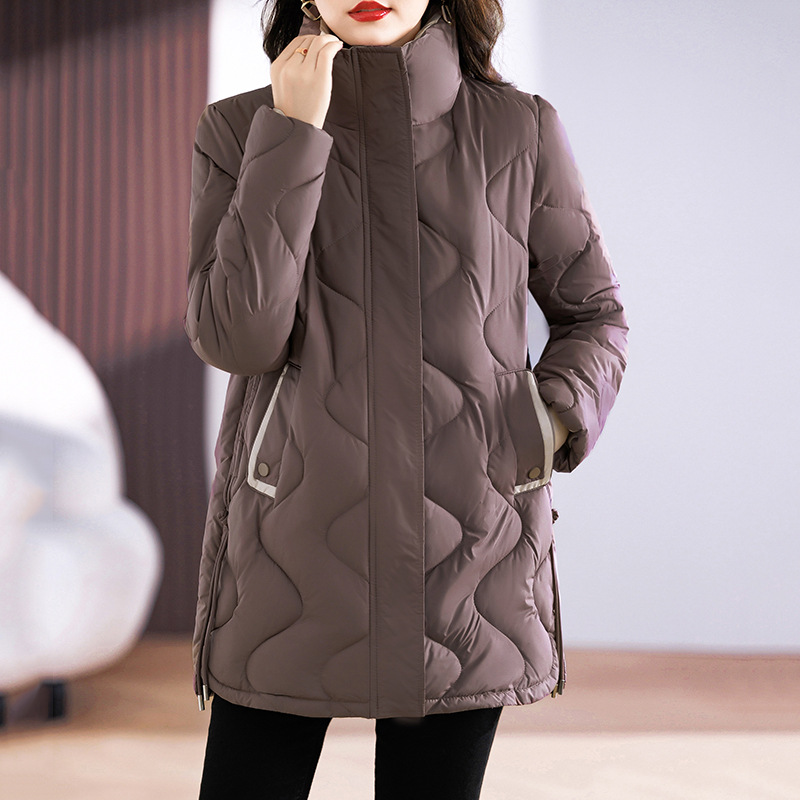 Long women's winter jacket with stand collar