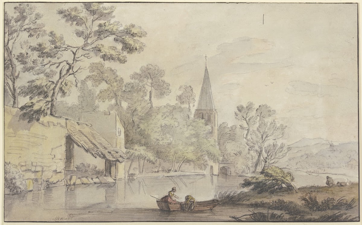 Kirchturm und einige Gebäude an einem Wasser vorne zwei Frauen in einem Kahn