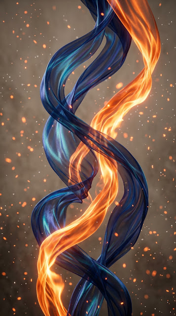 Abstract 3D Render of Flowing Blue and Orange Ribbons with Glowing Sparks - Free mobile Wallpaper