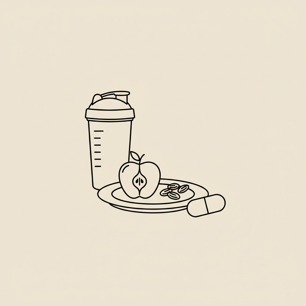 Minimal Tonum-style line illustration of a shaker bottle, capsule, and plate with half an apple and a few nuts on beige background — creatine vs whey for weight loss