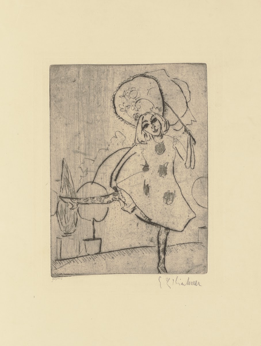 Blonde Pippa in weißem Tanzkostüm mit Schirm 1911