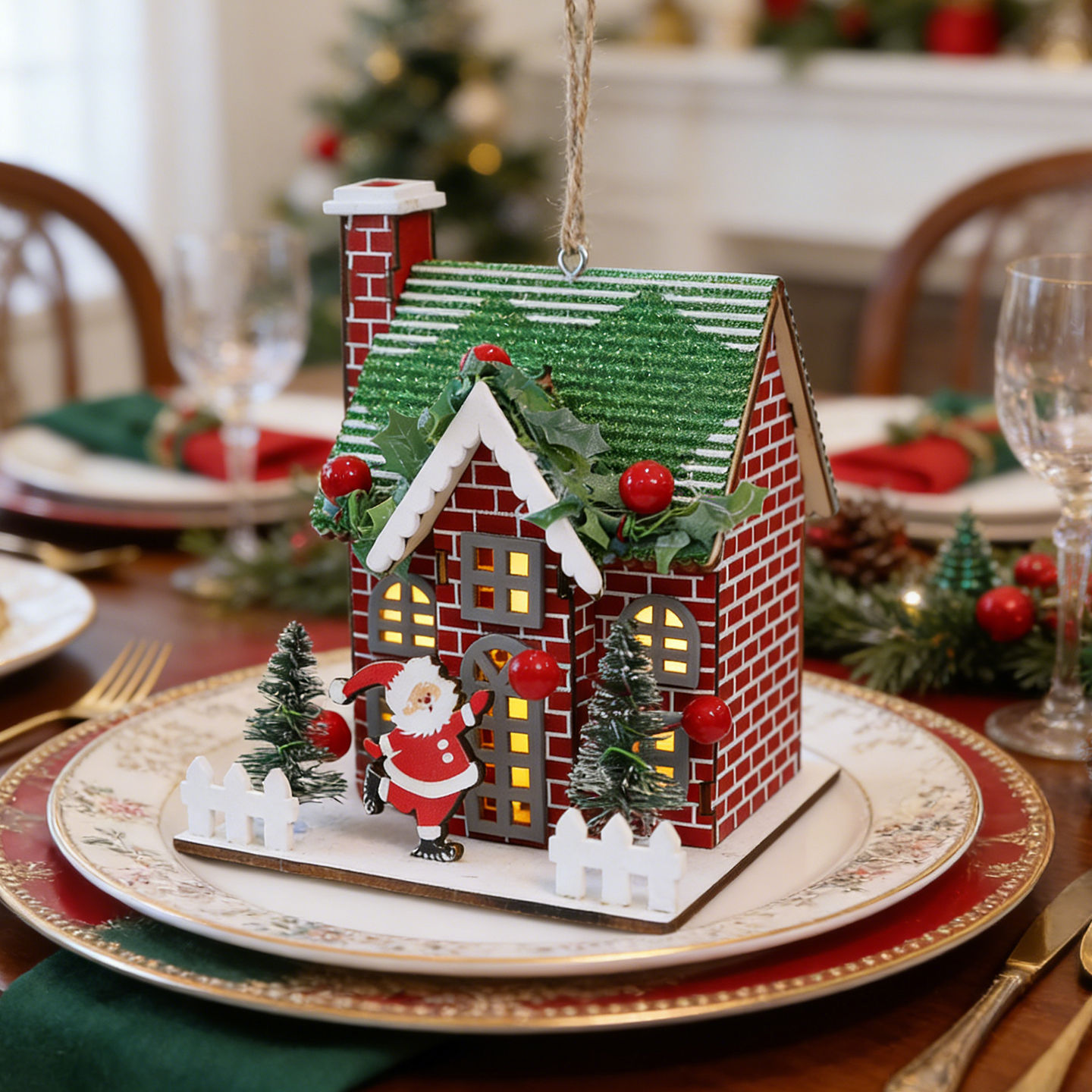 Decorative wooden Christmas house as hanging decoration or stand