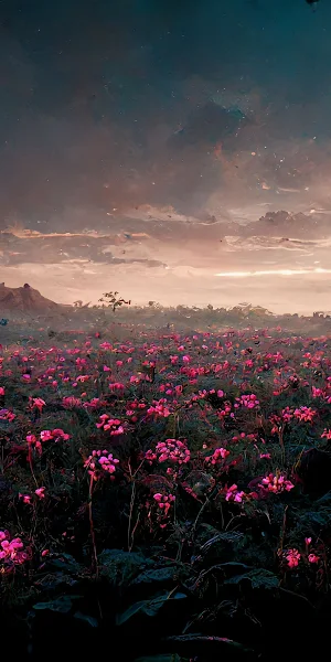 Pink Flowers, Landscape, Mountains, Clouds, Plants 4K Wallpaper Background