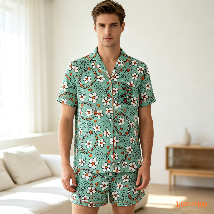 AOP Short Milk Silk Pajama Set With Pockets For Men