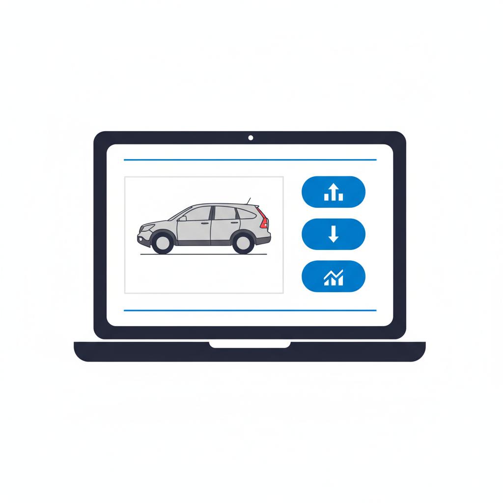 Minimalist vector laptop showing a dealer listing with a compact SUV photo and graphical price analysis badges, honda crv for sale