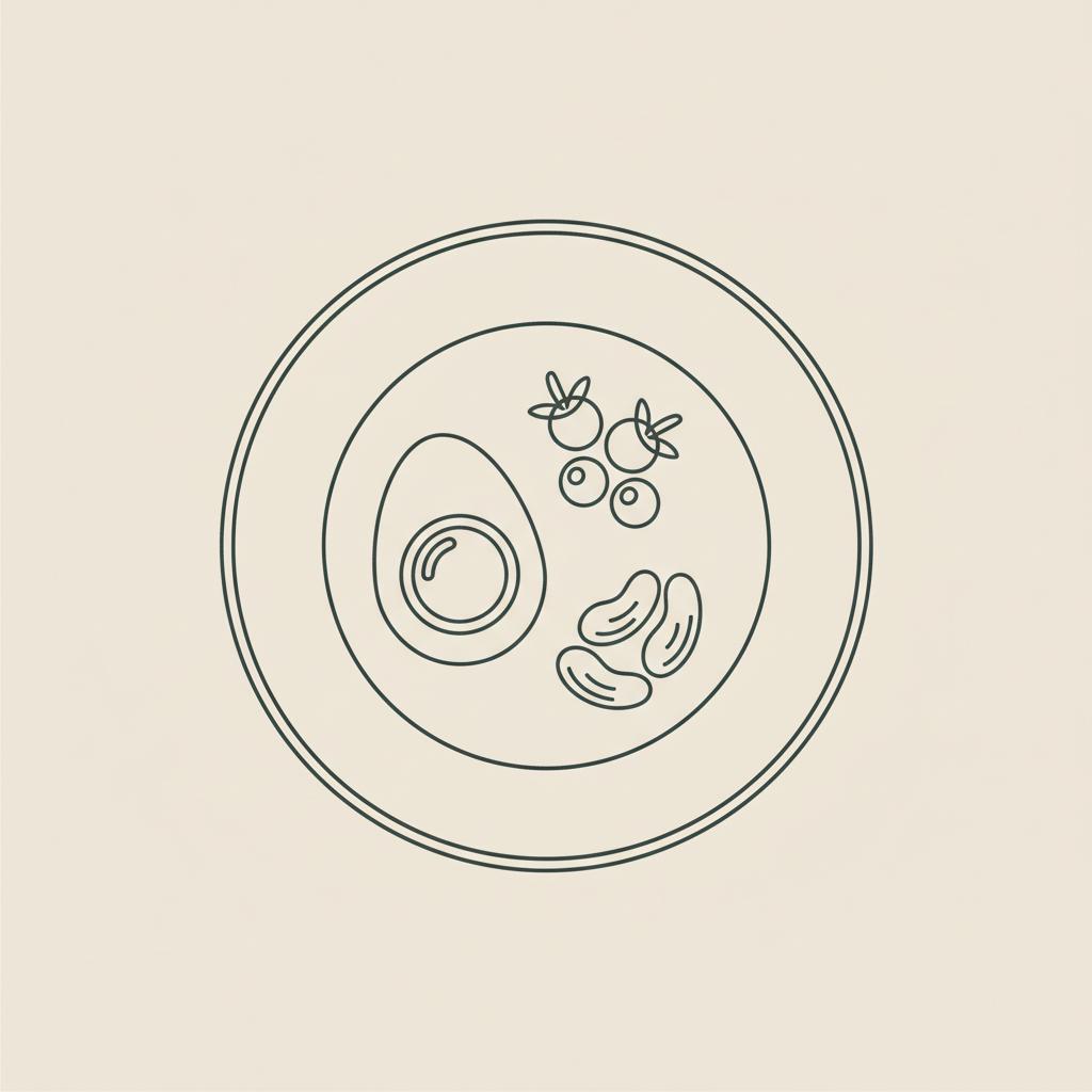 Minimal Tonum-style line illustration of a plate with an egg, berries and nuts on a beige background, representing magnesium for sugar cravings.