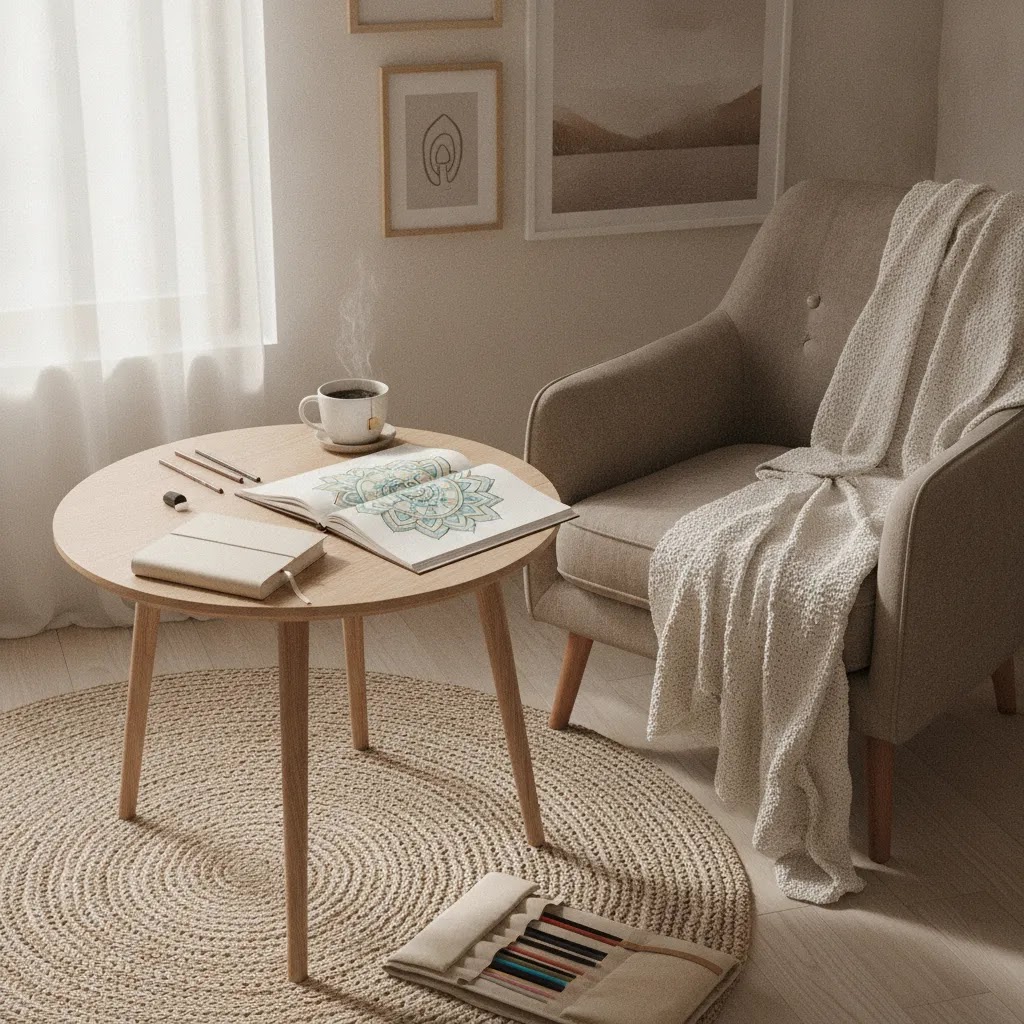 Calm reflective studio space with mandala drawing tools
