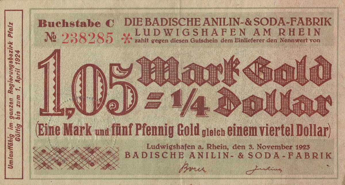 Badische Anilin  Soda Fabrik 105 Mark Gold  14 Dollar Gutschein 1923