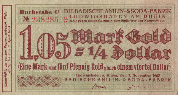 Badische Anilin  Soda Fabrik 105 Mark Gold  14 Dollar Gutschein 1923