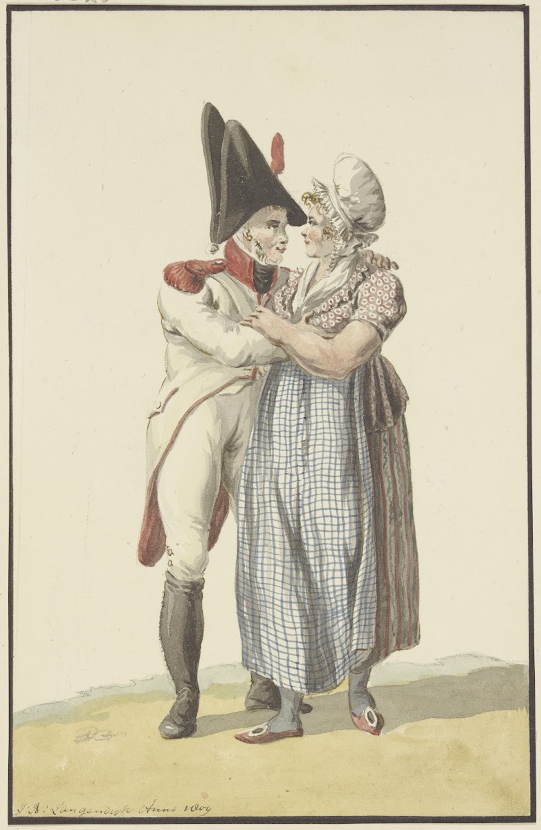 Ein Soldat umarmt eine Frau 1809
