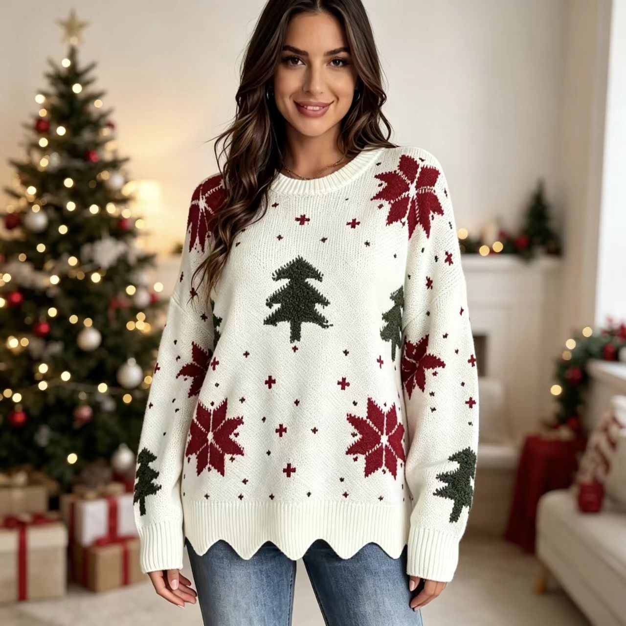 Unisex knitted sweater with Christmas floral pattern