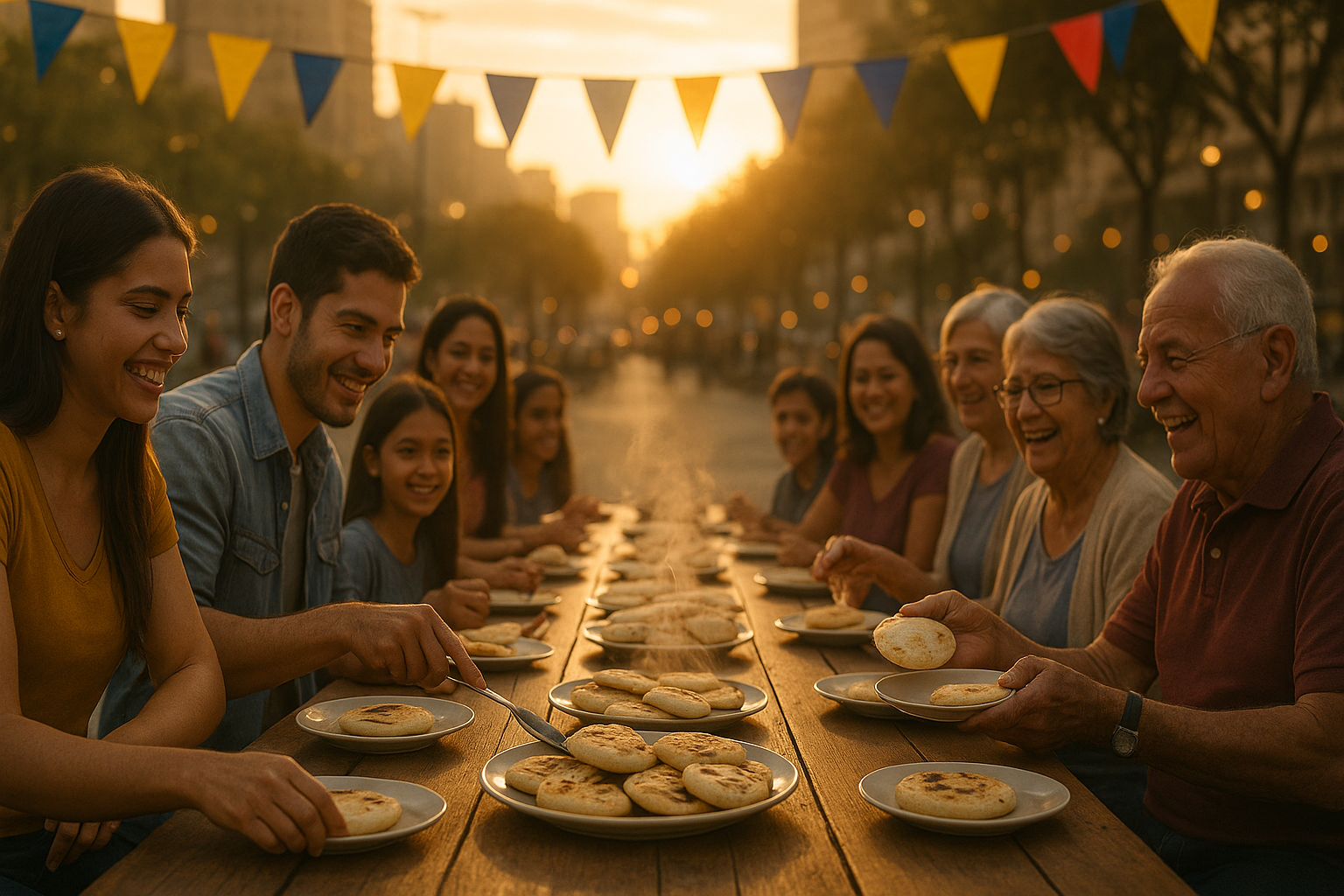 Venezolanos compartiendo arepas en una plaza urbana al atardecer