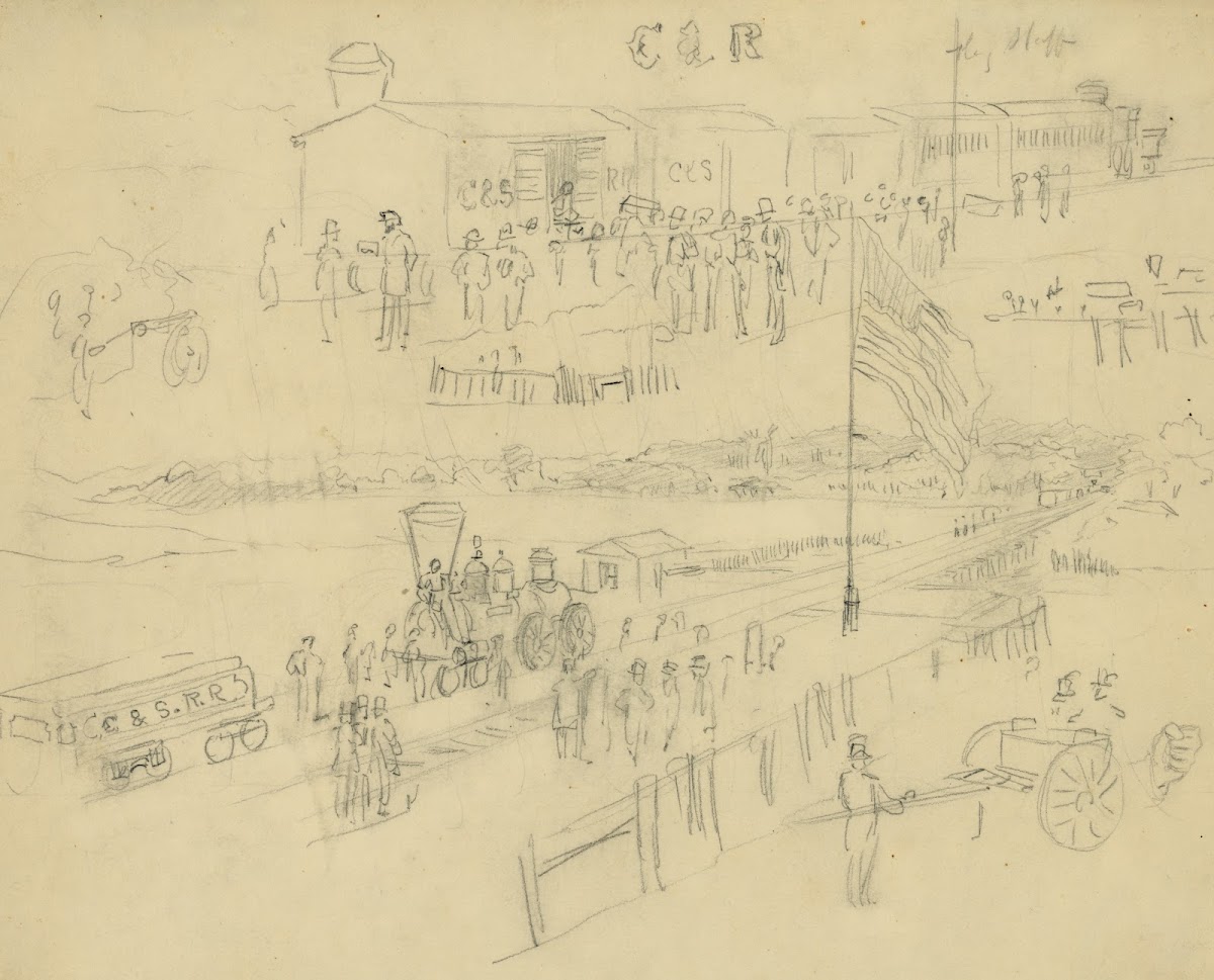 Two sketches of a depot on the Charleston  Savannah Railroad 1864
