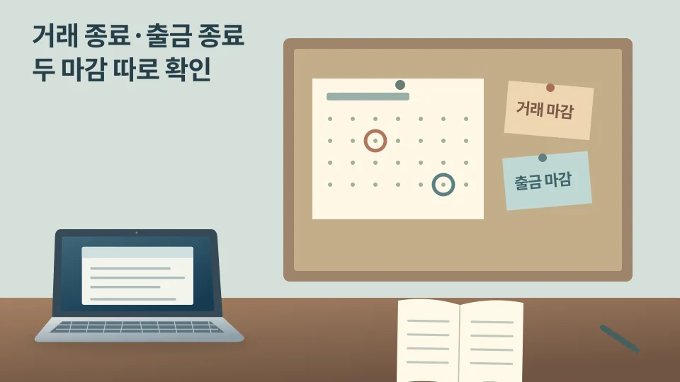 코르크 게시판에 서로 다른 두 날짜를 표시한 달력과 거래·출금 마감 메모를 꽂아 둔 실제 일정 관리 책상