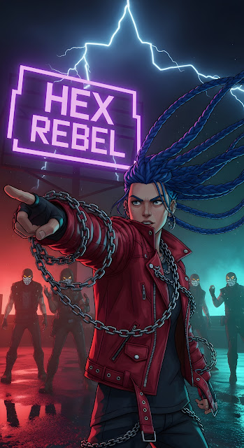 Stylized Character Illustration of a Blue Haired Punk Rebel in a Dark Neon City - Free mobile Wallpaper