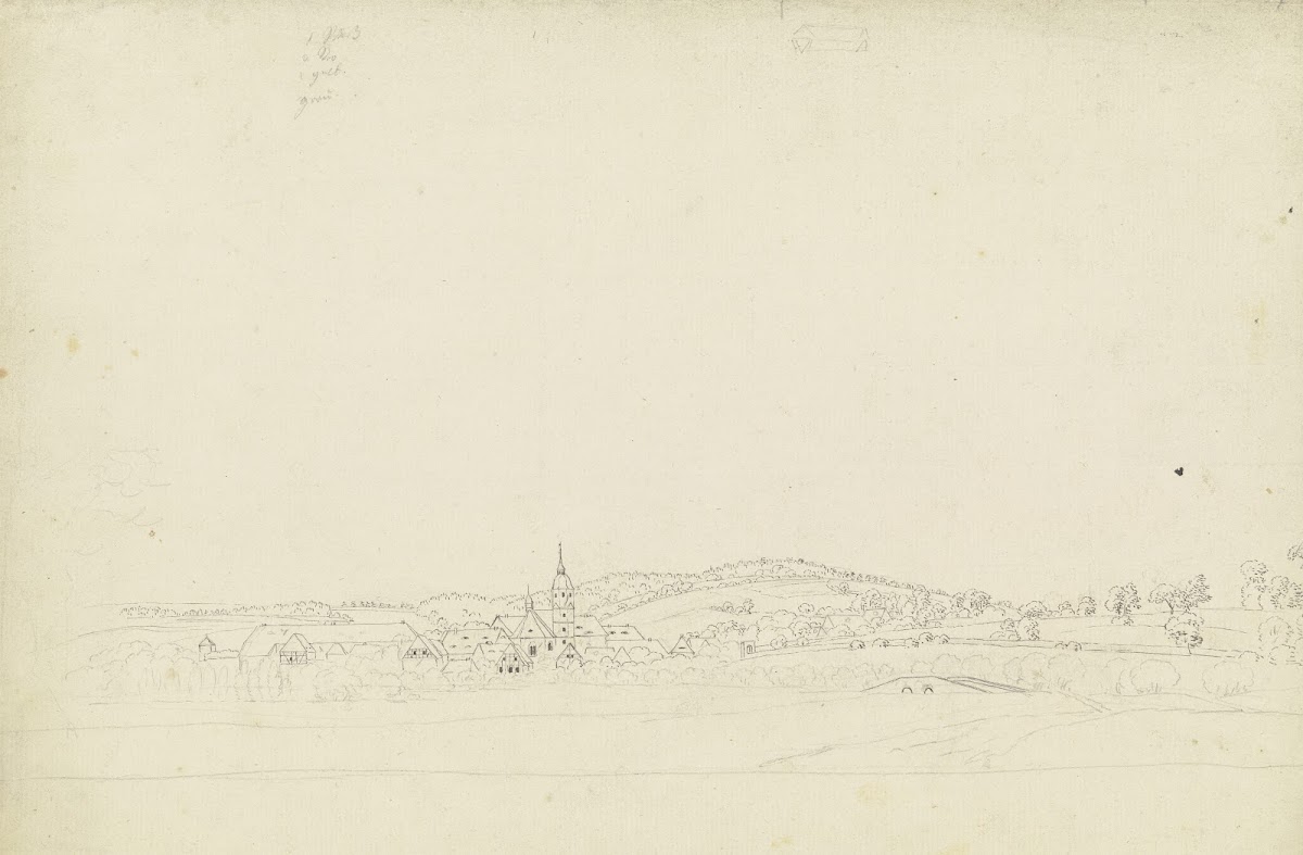Weite Landschaft mit Dorf und Brücke 1799