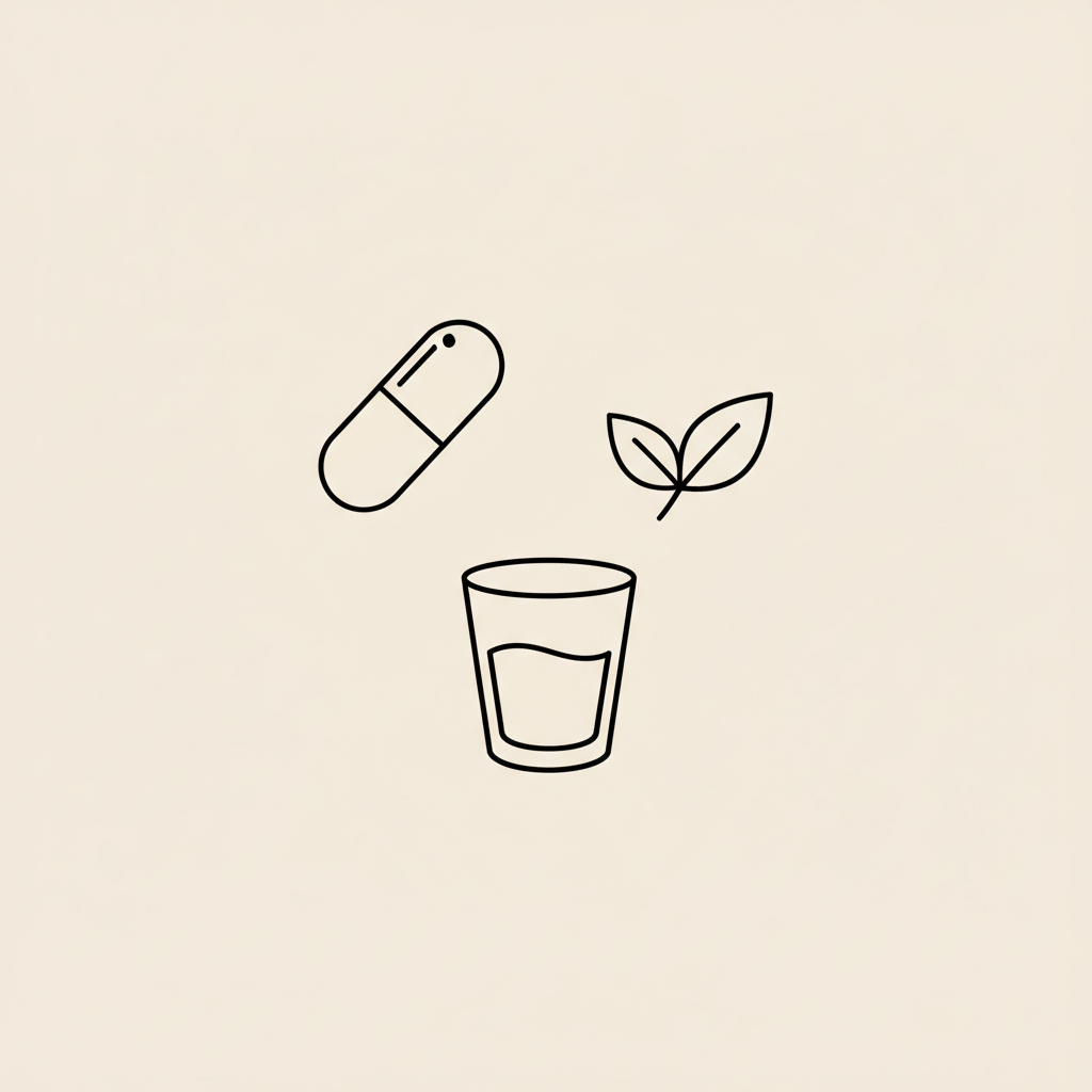 Minimalist 2D vector line illustration of a capsule, leaf, and glass of water on beige background representing simple daily habits and fat burners without exercise