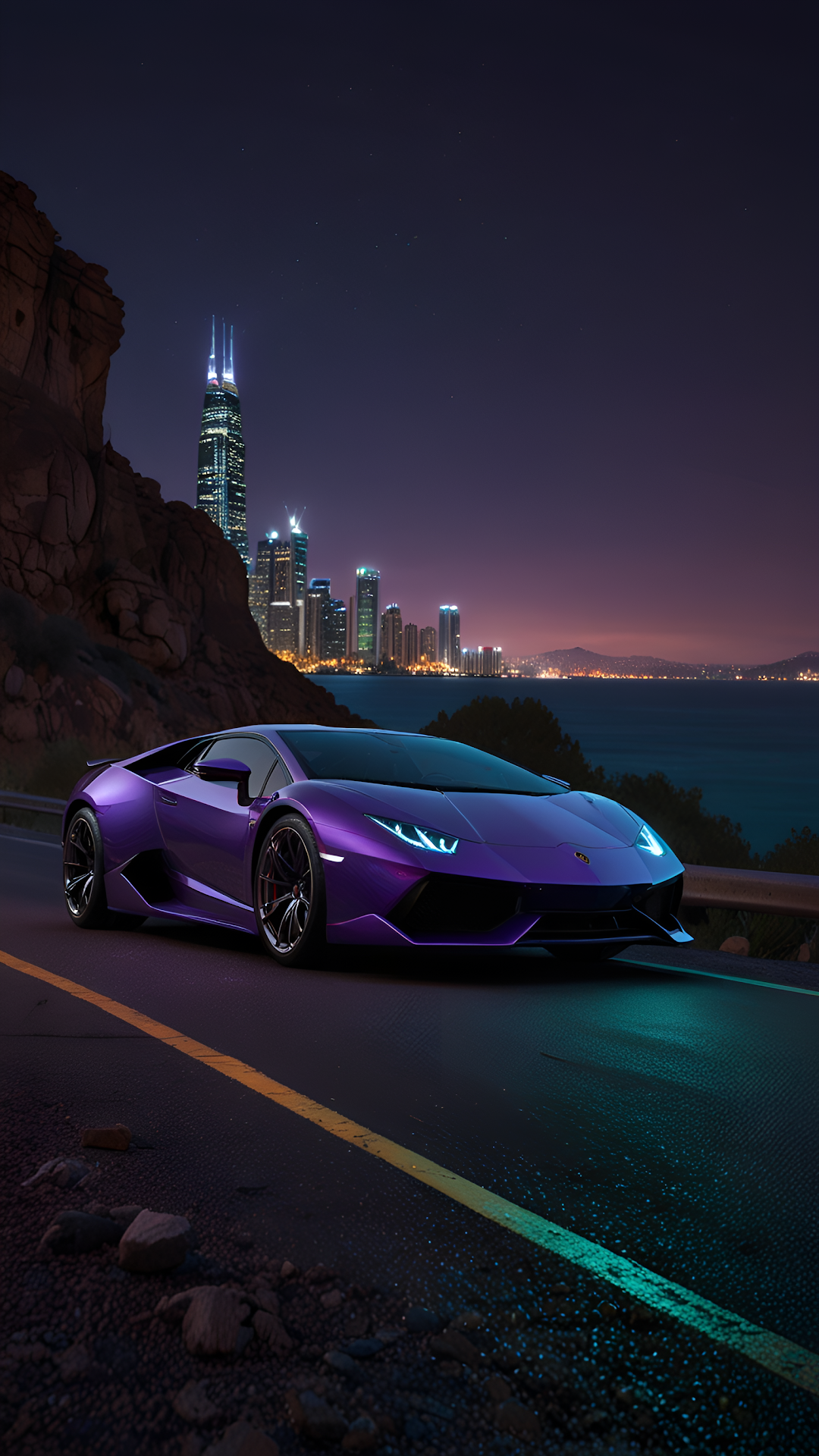 Purple Lamborghini Supercar Night Drive City Skyline View - Free 4K mobile Wallpaper