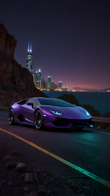 Purple Lamborghini Supercar Night Drive City Skyline View - Free mobile Wallpaper