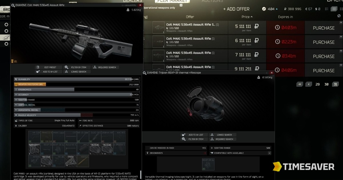 Escape from Tarkov Flea Market showing Colt M4A1 assault rifle listings under the Weapons category — the assault-rifle category unlocks around level 25