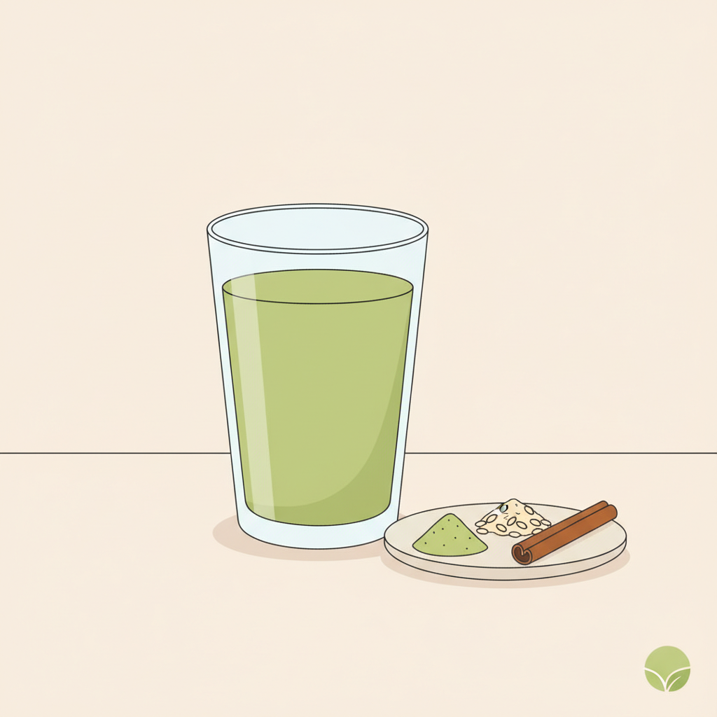 Nahaufnahme eines Proteinshakes auf Tisch mit Teller aus Erbsenproteinpulver, Haferflocken und Zimtstange in Vegardians-Farben – Welchen Shake abends zum Abnehmen