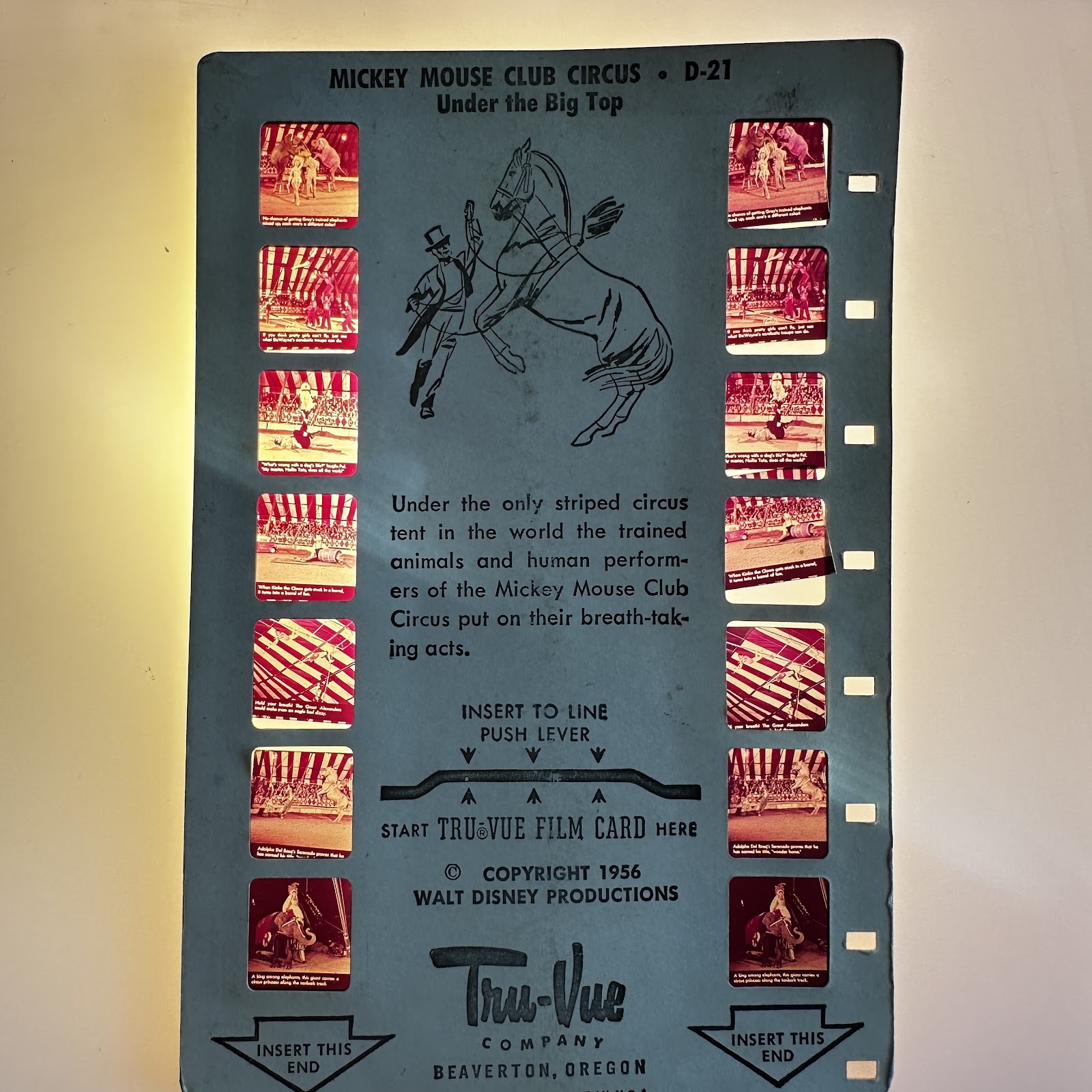 1956 Tru-Vue Tru-Vue film card D-21 for Mickey Mouse Club Circus Under the Big Top, cardstock with translucent film transparency inserts, Walt Disney Productions copyright