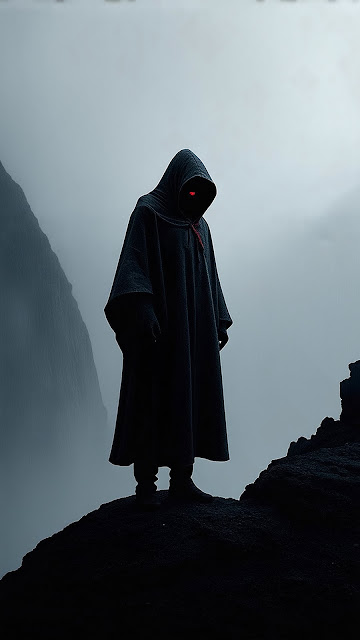 Hooded Figure with Glowing Red Eye on Cliff - Free mobile Wallpaper