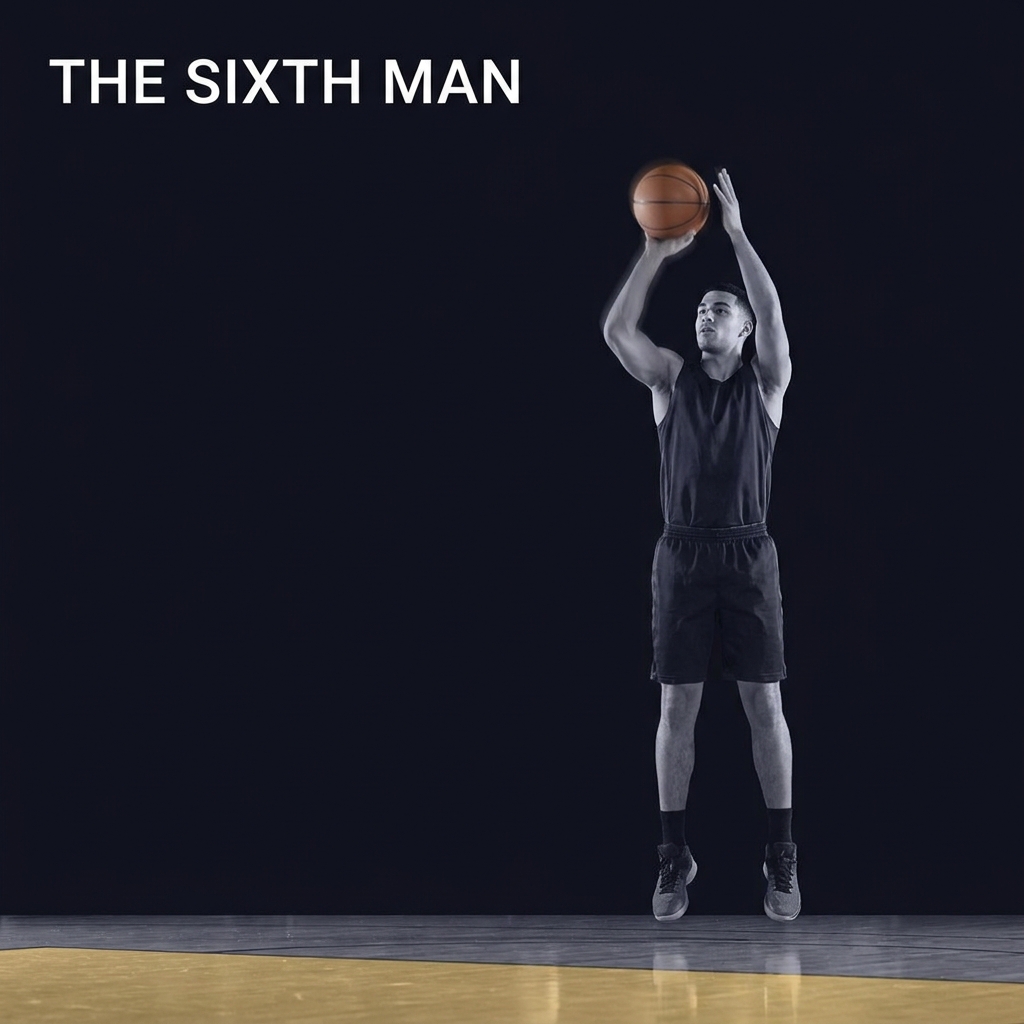 Action portrait of a sixth man scoring a midrange jumper on a dark Funded Plays branded background minimalist composition focused on player and ball 6th man of the year odds