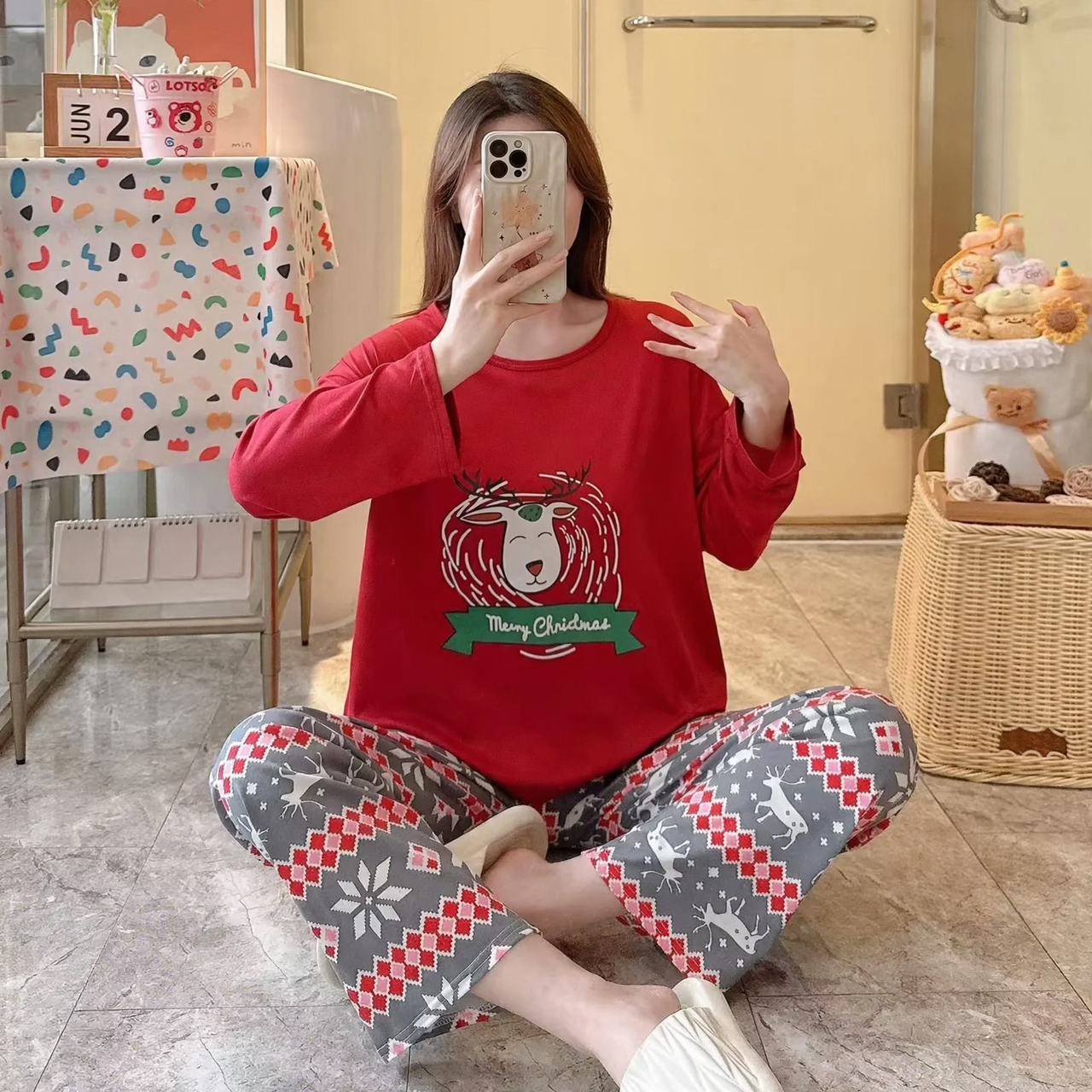 Women's Christmas Pajama, long-sleeved, with reindeer motif