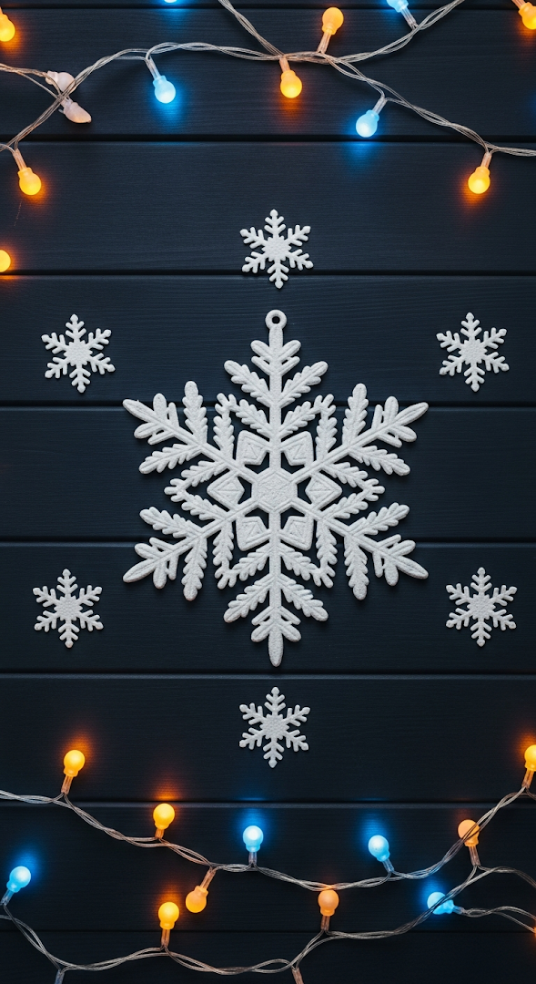 Large White Snowflake Ornament on Dark Wood with String Lights