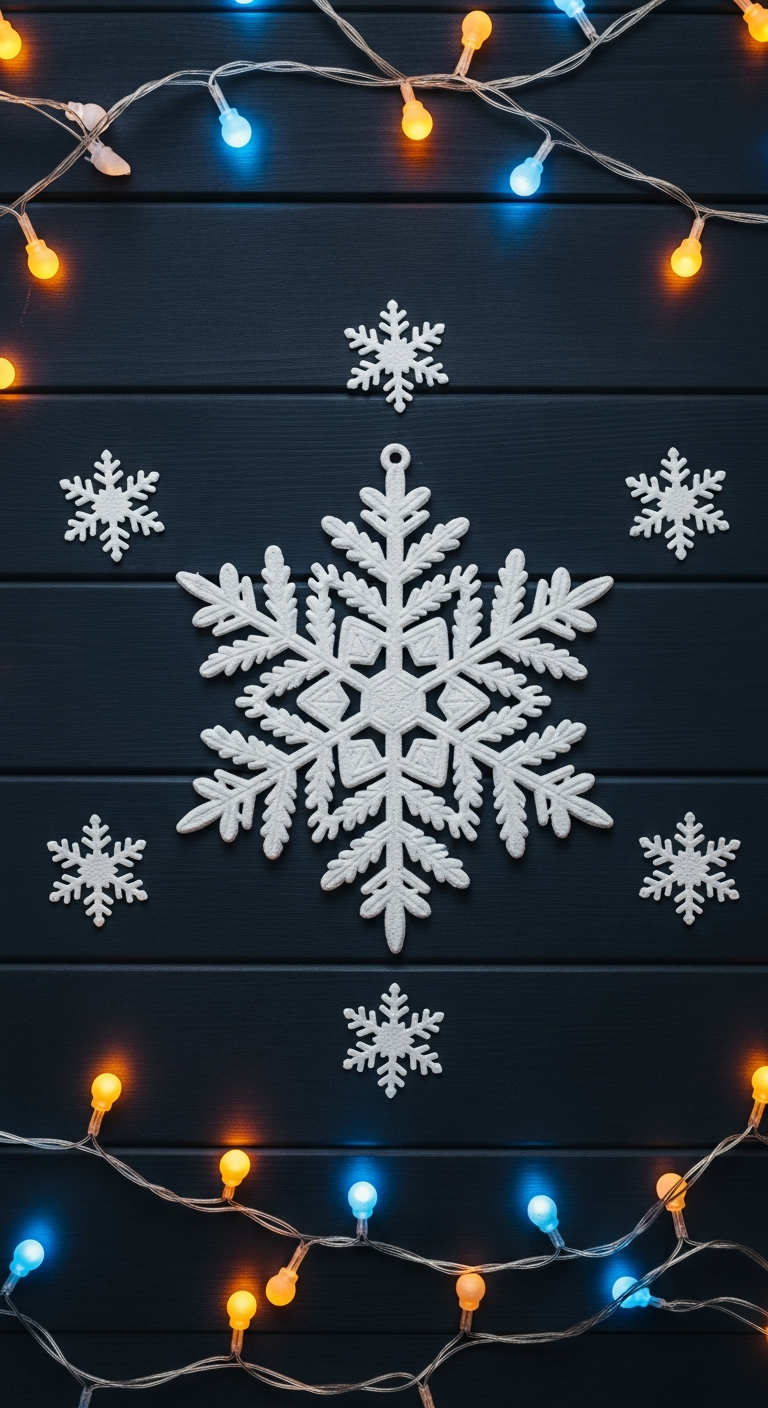 Large White Snowflake Ornament on Dark Wood with String Lights - Free 4K mobile Wallpaper