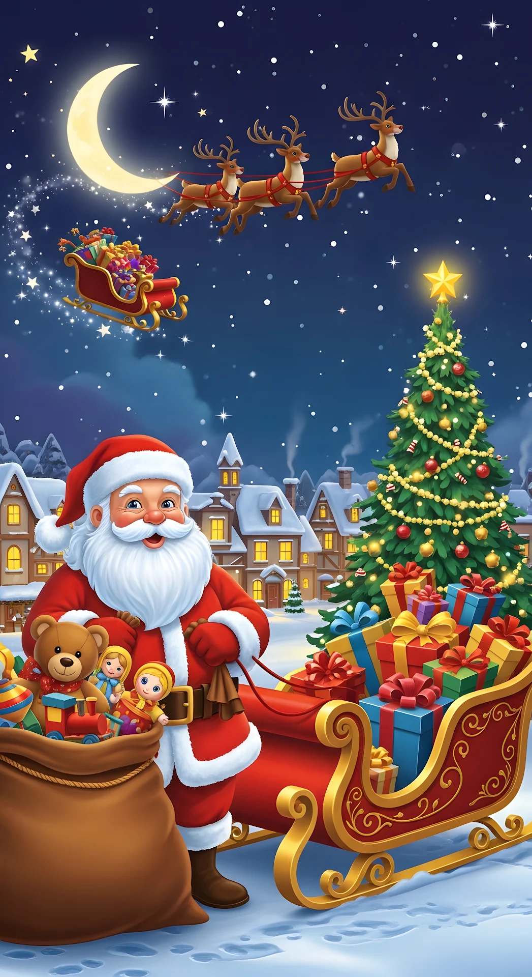 Jolly Santa Claus Sleigh Full of Toys Christmas Eve Village Scene - Free 4K mobile Wallpaper
