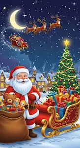 Jolly Santa Claus Sleigh Full of Toys Christmas Eve Village Scene