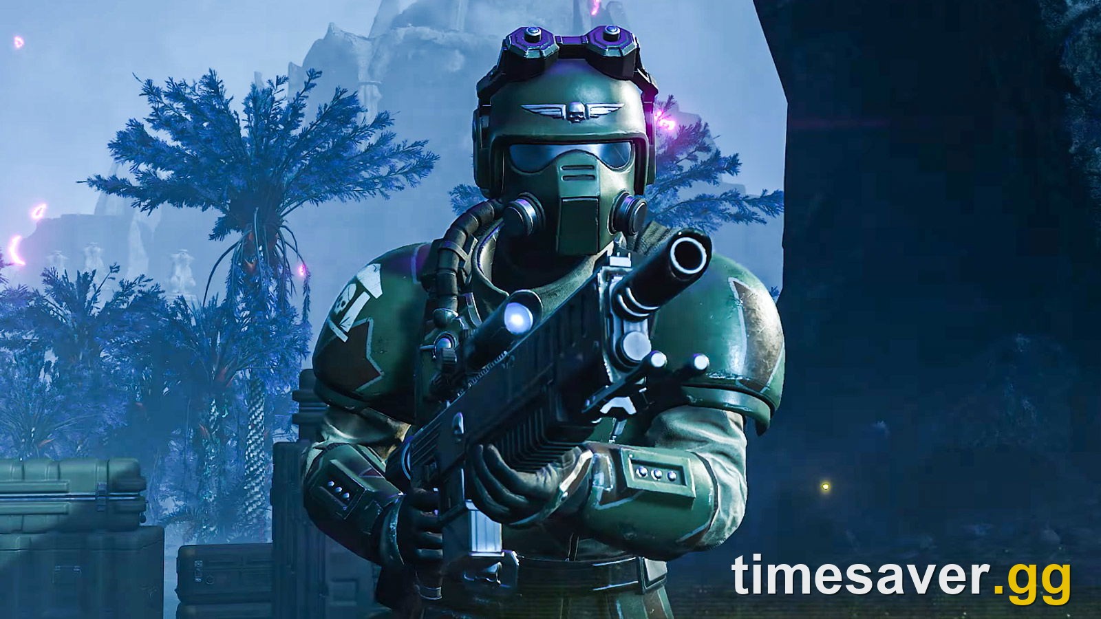 A Helldiver in Castellan's Creed Cadian Kasrkin armor wielding the R/40-K Hot-Shot Marksman Rifle.
