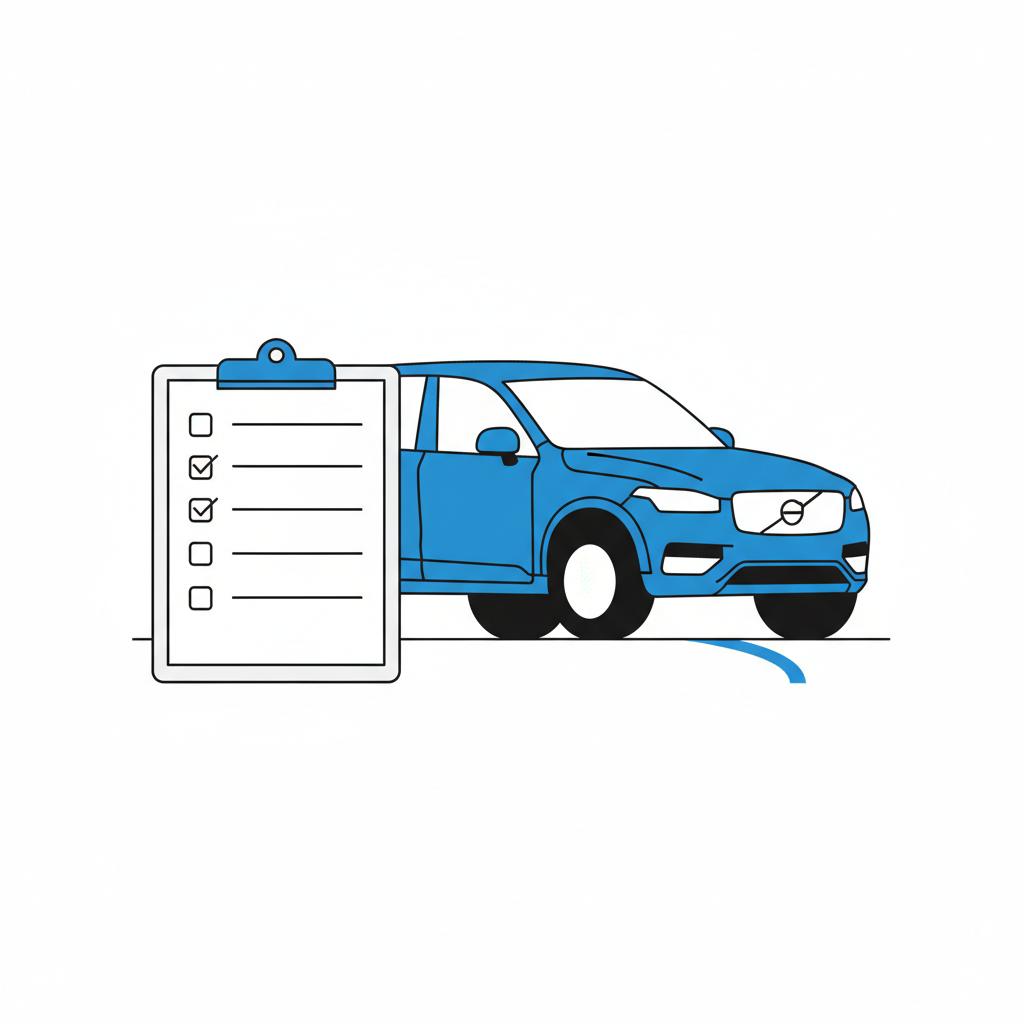 Minimal vector dealer lot with a clipboard inspection checklist in foreground and a stylized volvo xc90 for sale silhouette in the background in white and blue