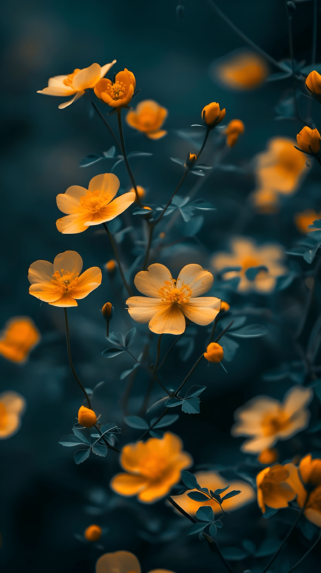 Vibrant Yellow Wildflowers Against Moody Teal Background - Free 4K mobile Wallpaper