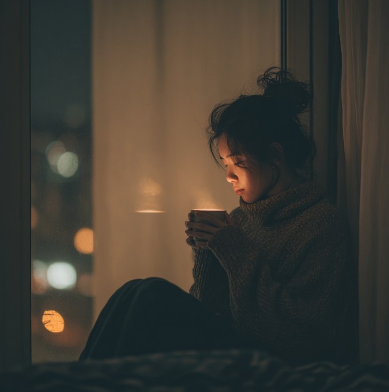 밤에 따뜻한 차를 마시며 쉬는 장면
