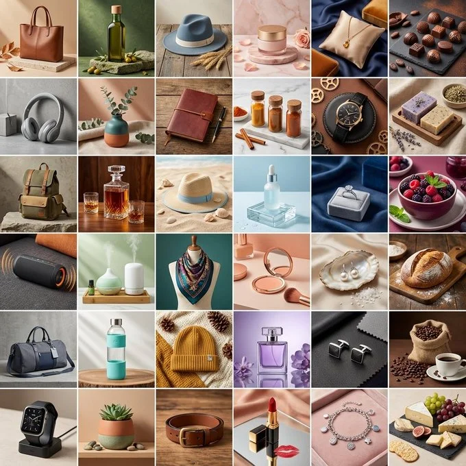 Genera una cuadrícula de 6x6 de fotografías de productos profesionales.