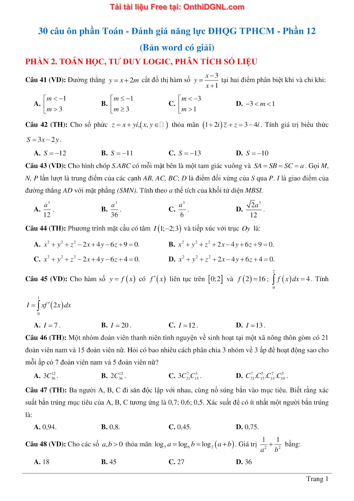 900 bài tập môn Toán - Ôn thi ĐGNL ĐHQG TP HCM Phần 12